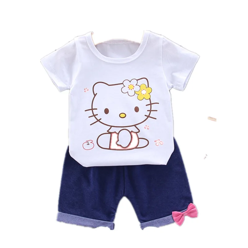 

Hello Kitty Children's Clothing Pure Cotton Casual Children's Two-Piece Set Cartoon Printed T-shirt + Bowknot Pants Girls Set