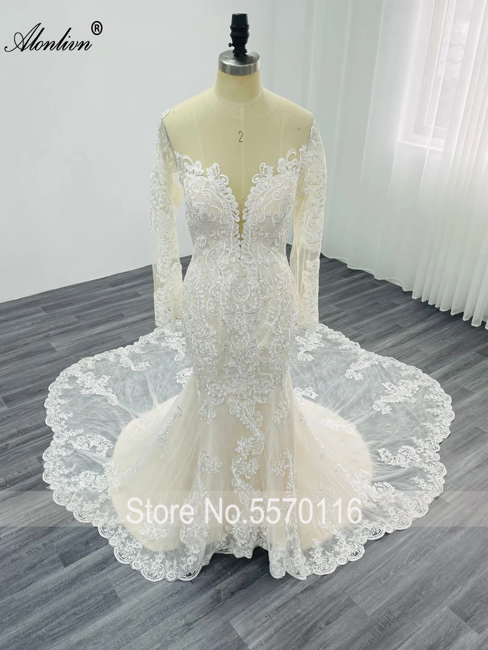 Alonlivn Customize 100% Real Photos Full Sleeve Of Gorgeous Lace Mermaid Wedding Dress Brown Skin Nude With Elegant Beads