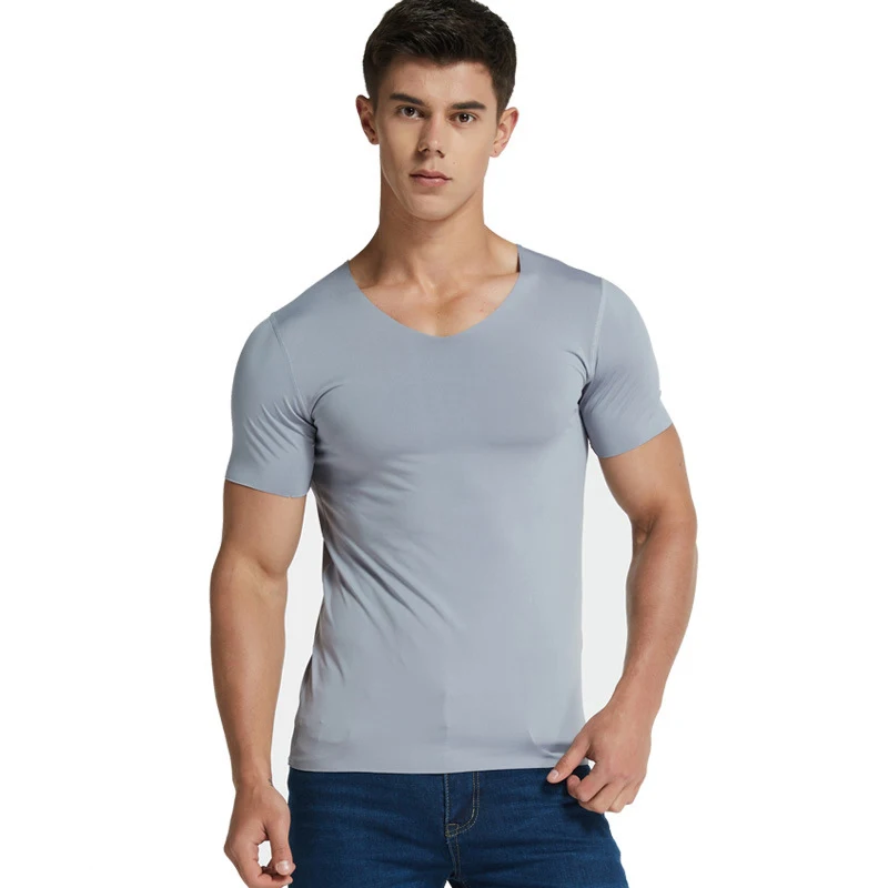 Plus Size Men\'s V-Neck Undershirts Man Ice Silk Seamless Short Sleeves Basic Shirts Summer Sexy Fitness Body Building Underwear