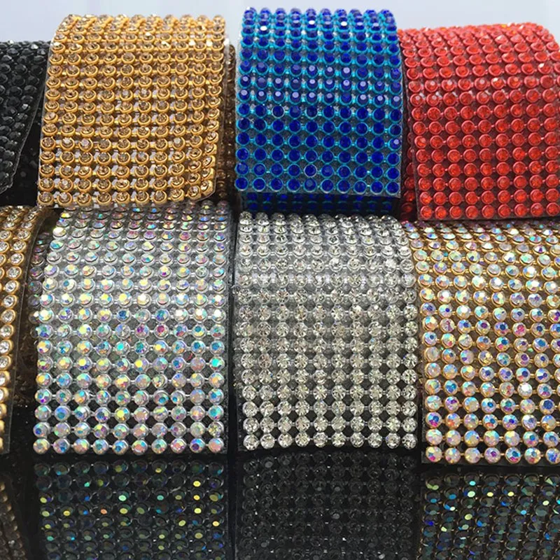 Flash Crystal Rhinestone Banding Multi-Rows Aluminum Mesh Diamond Wedding Dress Belt Trimming Hotfix/Self Adhesive Decor Tape