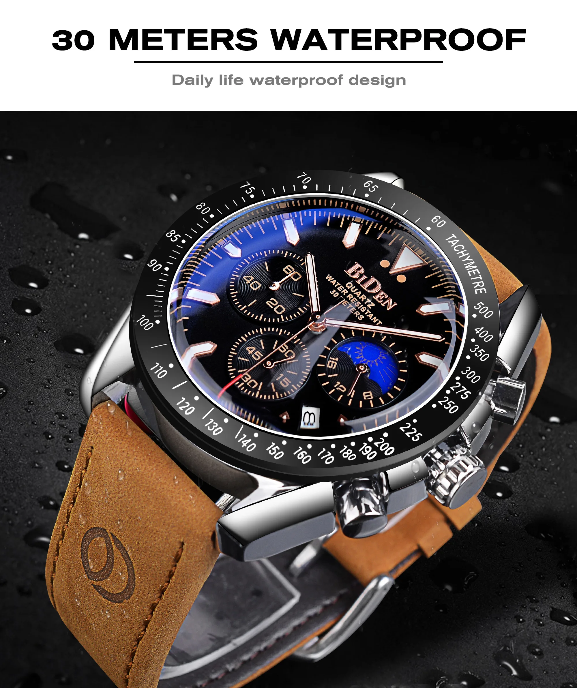 Biden Waterdichte Automatische Quartz Horloge Mannen Sport Stijl Militaire Horloges Man Lichtgevende Pointers Horloges Lederen