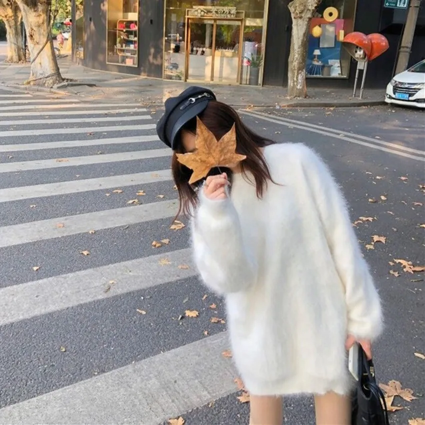 2024 New High Quality Women Soft Mohair Knitted Sweater Autumn Winter Long Sleeve Mink Cashmere Thick Warm Loose Jumper Pullover