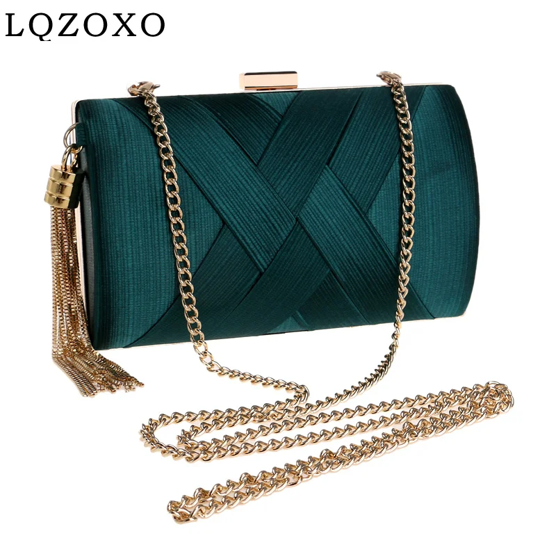 Bolso de mano de lujo para mujer, bolsa de noche de satén dorado con borla, bolso de mano nupcial para boda, bolso de hombro con cadena