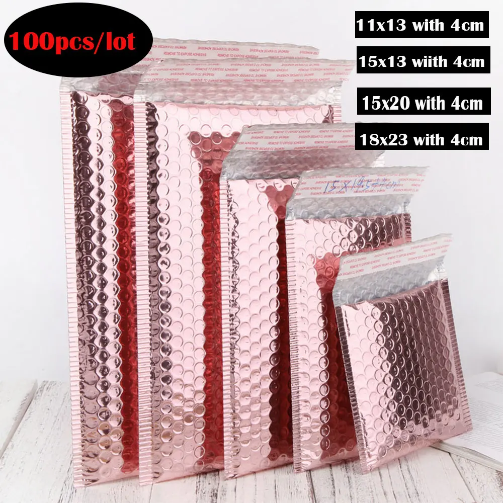 100 unids/lote bolsas de sobres de burbujas de oro rosa, sobres de envío acolchados de papel de aluminio, bolsa de correo autosellada impermeable