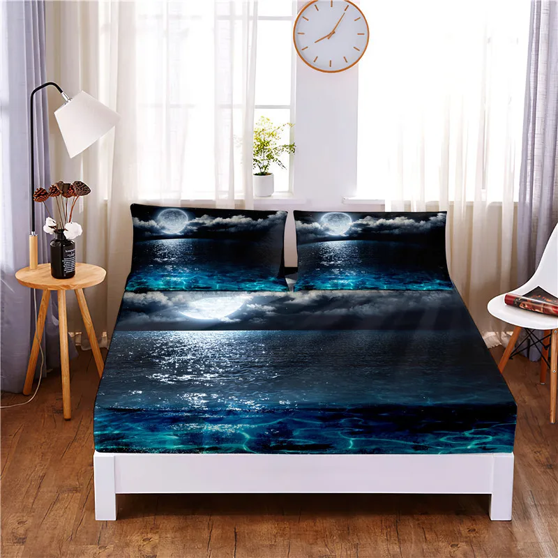 Moon Sky-sábana ajustable de poliéster con estampado Digital, cubierta de colchón de cuatro esquinas con banda elástica, fundas de almohada, 3 uds.