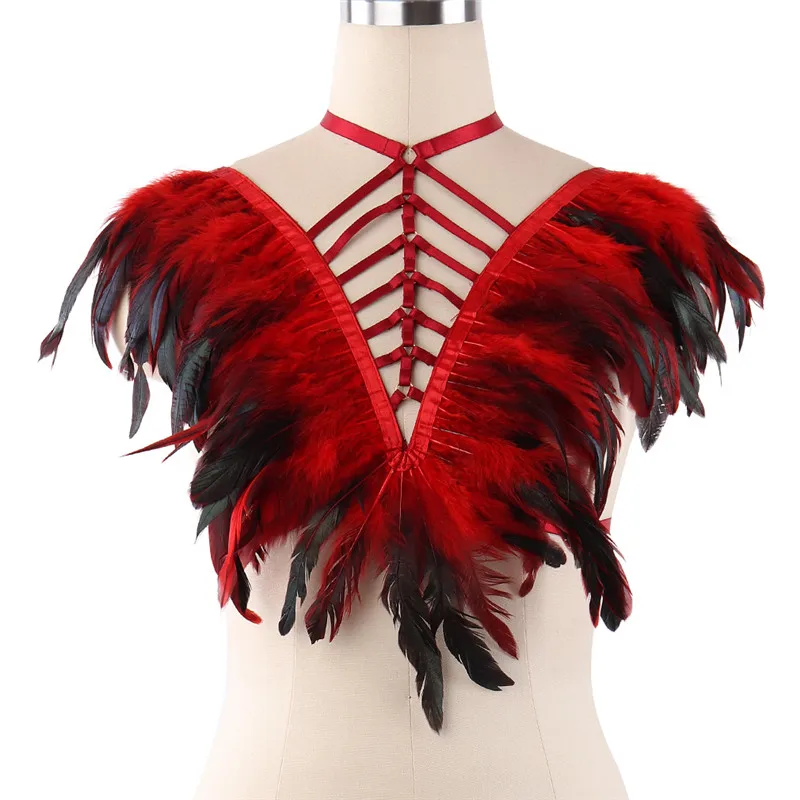 

Wine Red Feathers Epaulettes Body Bondage Harness Adjust Shoulder Cage Bra Lingerie Angel Wings Gothic Steampunk Dance Rave Wear