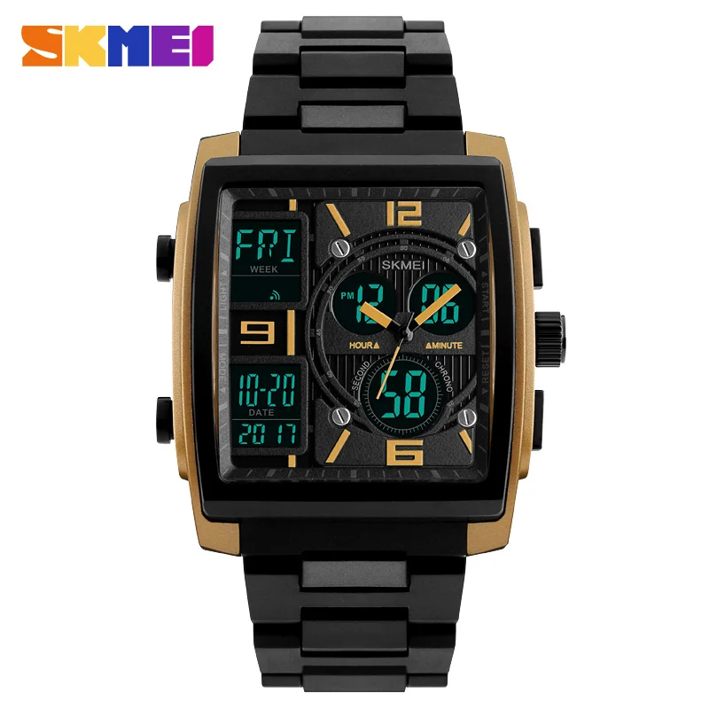 

2020 New SKMEI Luxury Men Watches Man Analog Quartz Electronic Watch Black Steel Band Dual Display Waterproof Wristwatches