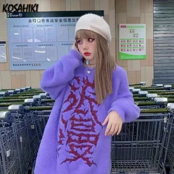 KOSAHIKI Romance Letter Print Japanese 2k Vintage Sweater Women Knitted Purple Pullover 2024 New Harajuku Loose Mihair Jumper