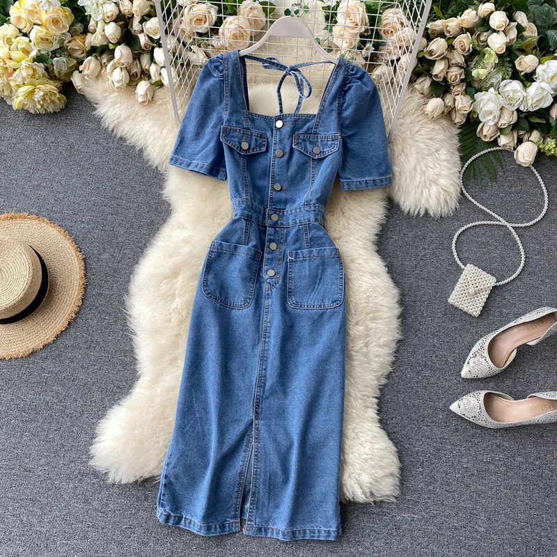 summer fashion Split denim dress package hip puff sleeve single-breasted women slim Square collar jeans dress