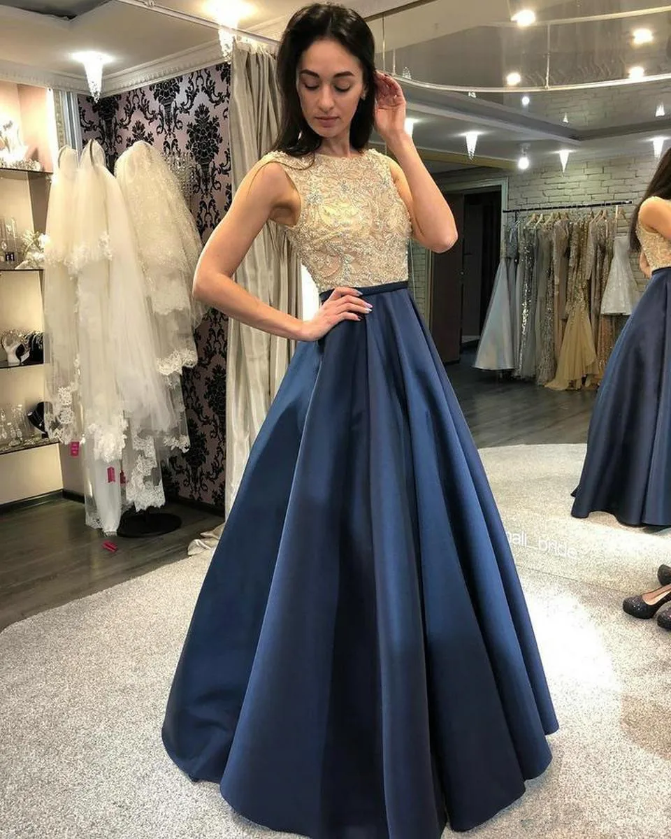 

Elegant Dark Navy Satin Scoop Neck Long Evening Dresses For Women 2023 A-Line Sleeveless Zipper Up Sexy Party Dress with Beading