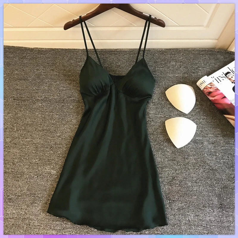 Women Ice Silk Satin Night Dress Nighties V-Neck Nightgown Summer Thin Sexy Sleepwear Nightgown Nightwear Chest Pad Sleepshirts