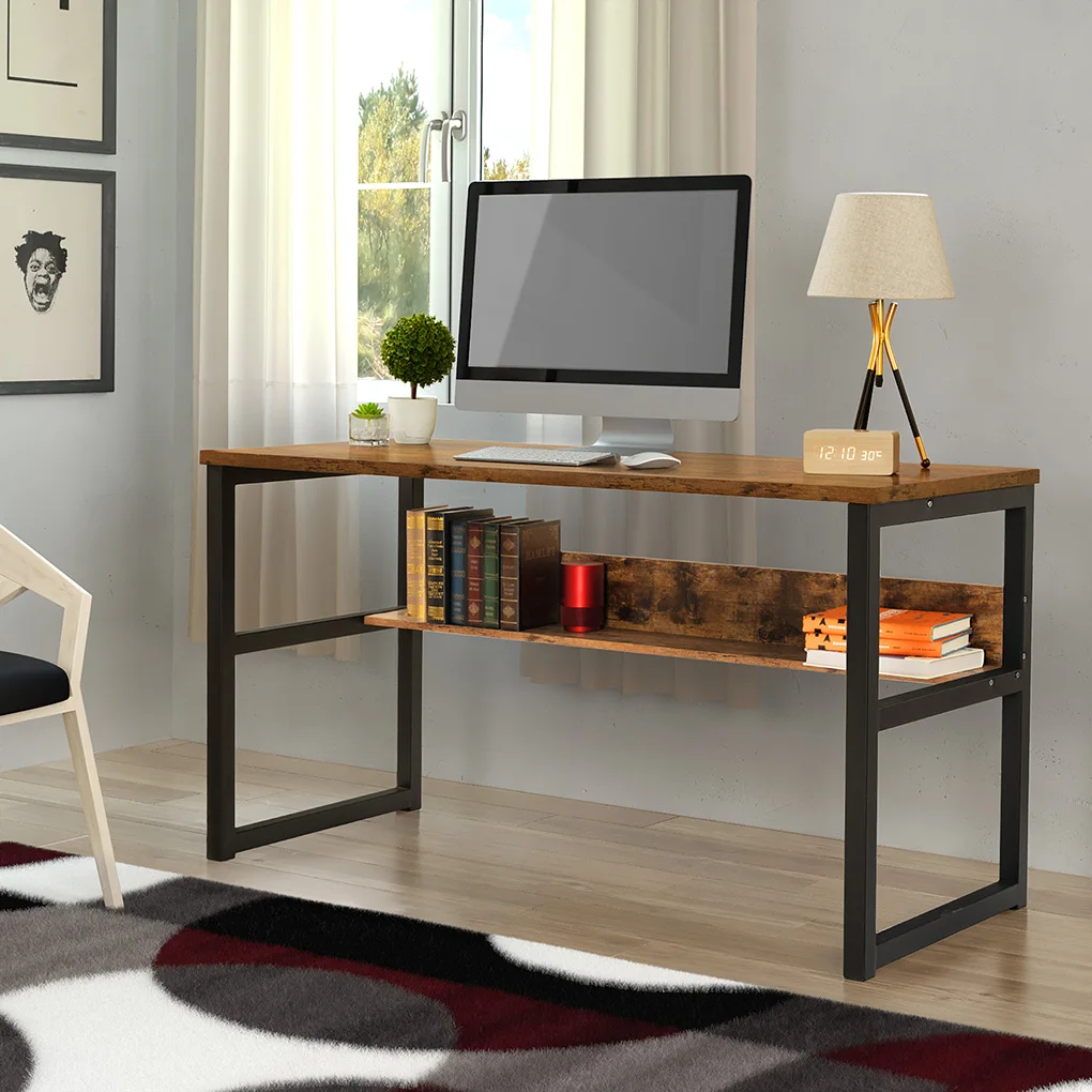 Wood and Metal Frame Computer Desk Office Table Study Table with Bookshelf Modern Home Office Large Computer Writing Table