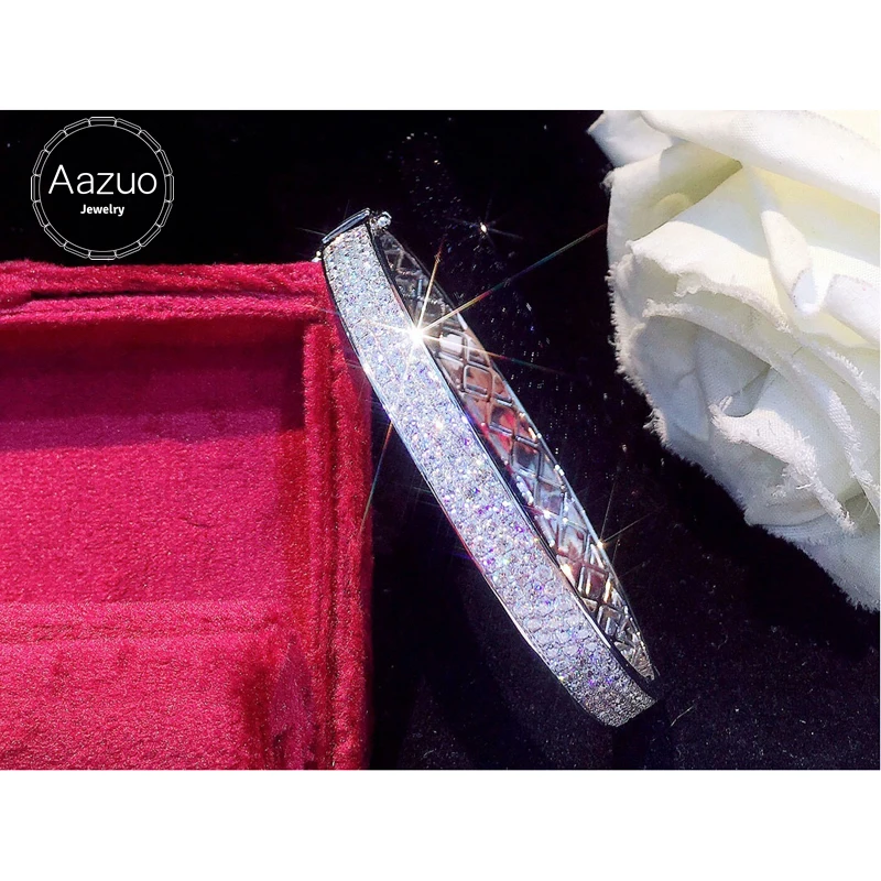 Aazuo 18K Solid White Gold Real Diamonds 2.10ct Classic Full set 3 Line Bangle For Woman Upscale Trendy Wedding Engagement Party