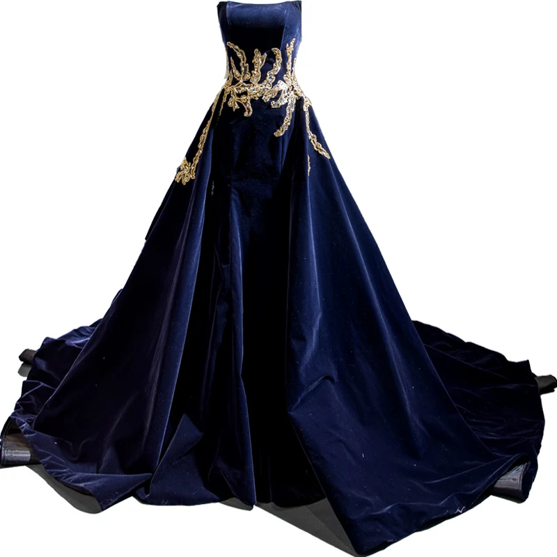 Goud Pailletten Kralen Prom Jurken Strapless Navy Blue Velvet Avondjurken Sweep Trein Plus Size Zwart Bruiloft Formele Kleding