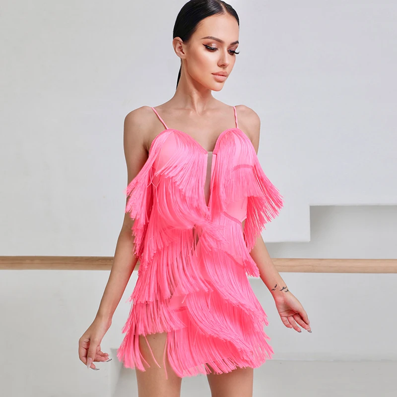 Latin Dance Dress Women Fluorescence Yellow Pink Fringe Dress Latin Competition Clothes Adult Salsa Rumba Dress Costume DNV14749