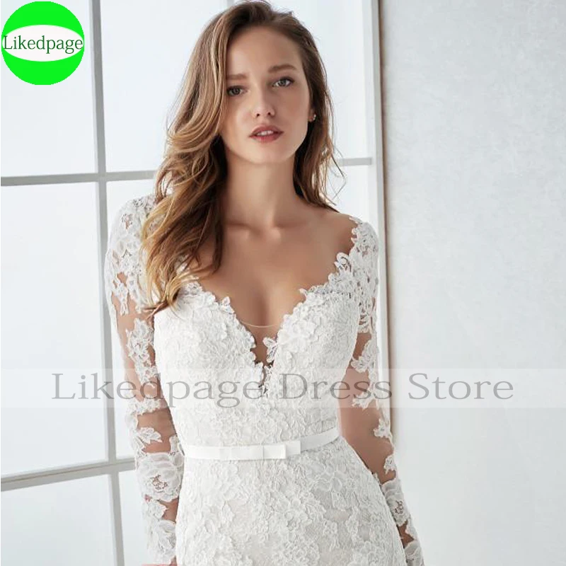 머메이드 웨딩 드레스, 2021Boho Vestidos De Novia 긴 소매 레이스 아플리케, 섹시한 가운, Mariage Boda 신부 가운, trouwjuk 버튼