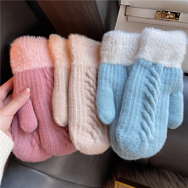 Korean Cute Twist Knit Wool Cold Bicycle Gloves Women's Winter Plus Velvet Full Finger Double Layer Thick Warm Driving Mitten R6