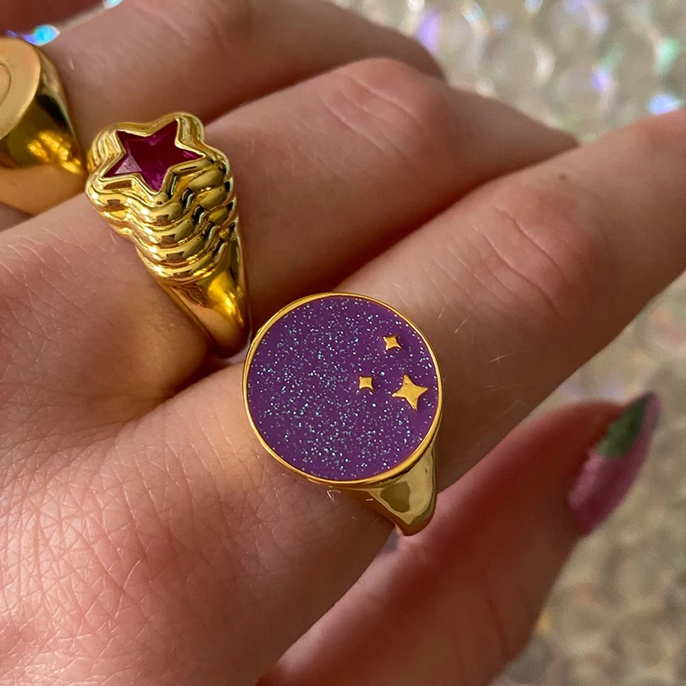 New Ins Creative Purple Starry Ring Vintage Drop Oil Geometric Round Star Rings For Women Girls Fashion Jewelry Gift