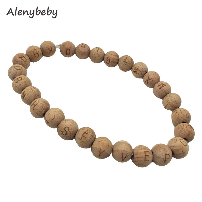 14mm Round Shape Beech Wood Alphabet Letter Beads Teether DIY Baby Wooden Teething Accessories Jewelry Necklace  Beads