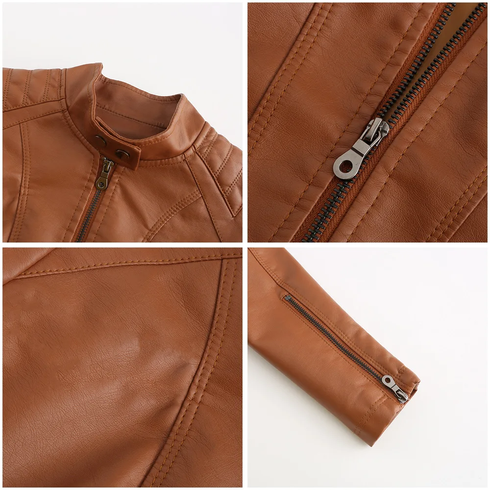 Spring New Casual Women Leather Jacket Stand Collar Slim Fit Short PU Leather Coat Solid Classic Female Outerwear