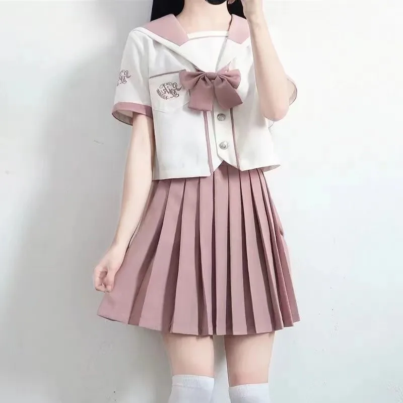 Uniforme japonês de manga curta jk, uniforme da escola, rosa, branco, unissex, 2021, saia plissada, fantasia, uniforme