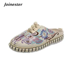 Flat Heeled Embroidered Casual Slippers for Women Cotton Fabric Ethnic Slides Ladies Closed Toe Retro Mules Outdoor Summer Shoes