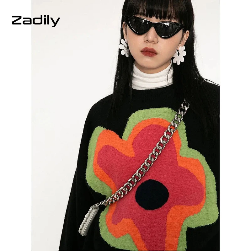 2021 Winter Street Style Y2K Floral Embroidery Women Warm Sweater Oversize Long Sleeve Knit Ladies Pullover Female Clothing Tops