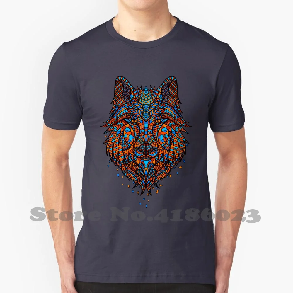 Shards Of 100% Cotton T-Shirt Wolf Stained Glass Mosaic Neon Vintage Pets Dog Pug Animal Lovers Geometric Wolves Wild Colorful