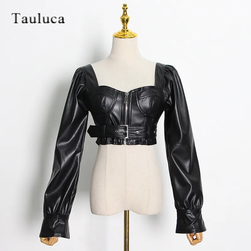 

PU Leather Women's Short Jackets Long Sleeve Slim Fit Gothic Leather Jacket Steam Punk Backless Coat Female Autumn Crop Top