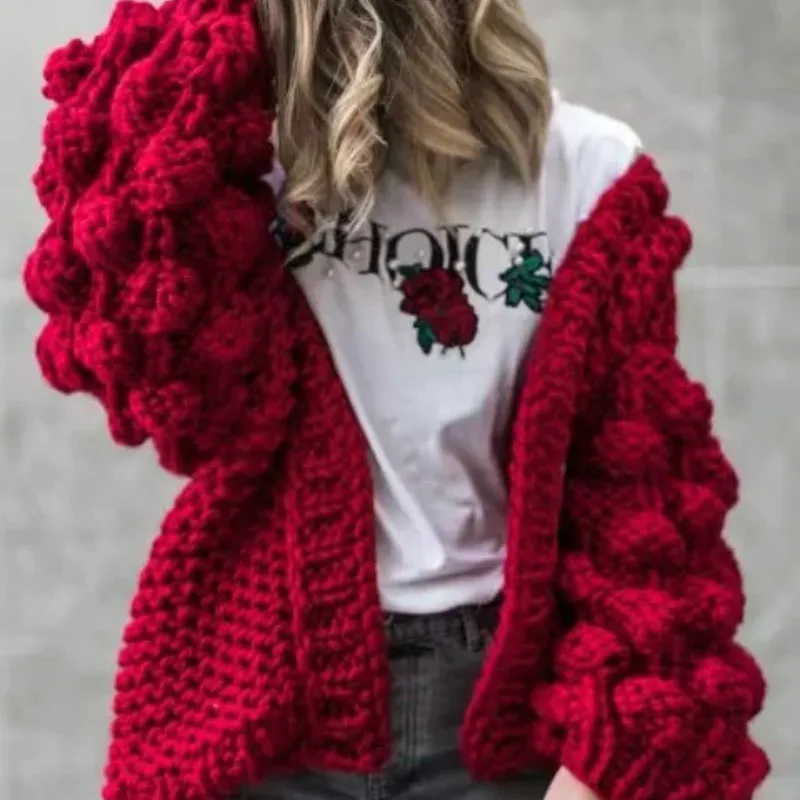 Chic Coarse Crochet Cardigan 3D Floral Hook Sweater Hand Knitted Coat V-Neck Rough Wool Lantern Sleeved Loose Jacket Tops 2021