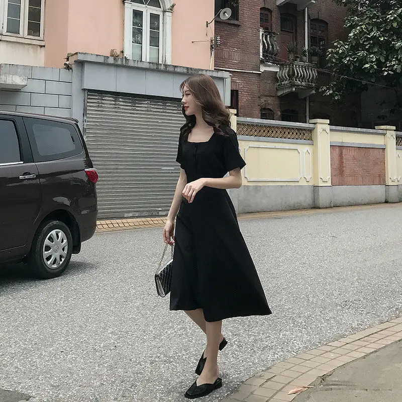 Women Dress Summer Retro Slim Elegant A-line Square Collar Stylish Tender Solid Black Female All-match Ulzzang Vestidos Chic OL