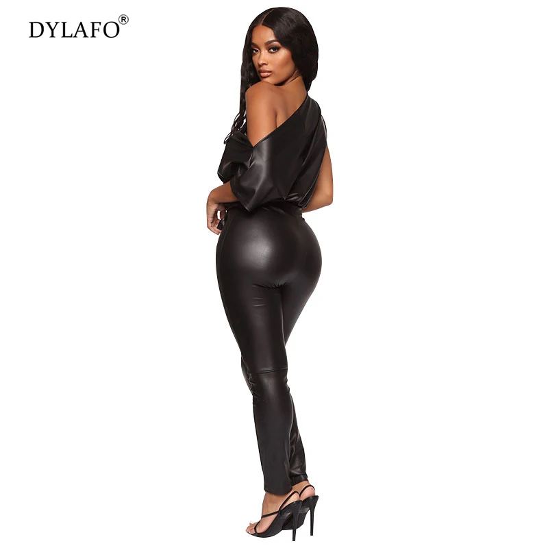 2020 Sexy Pu Jumpsuits Rompertjes Bodycon Korte Mouw Slim Fit Een Schouder Zwarte Romper Skinny Sjerpen Bodysuit Overalls Femme