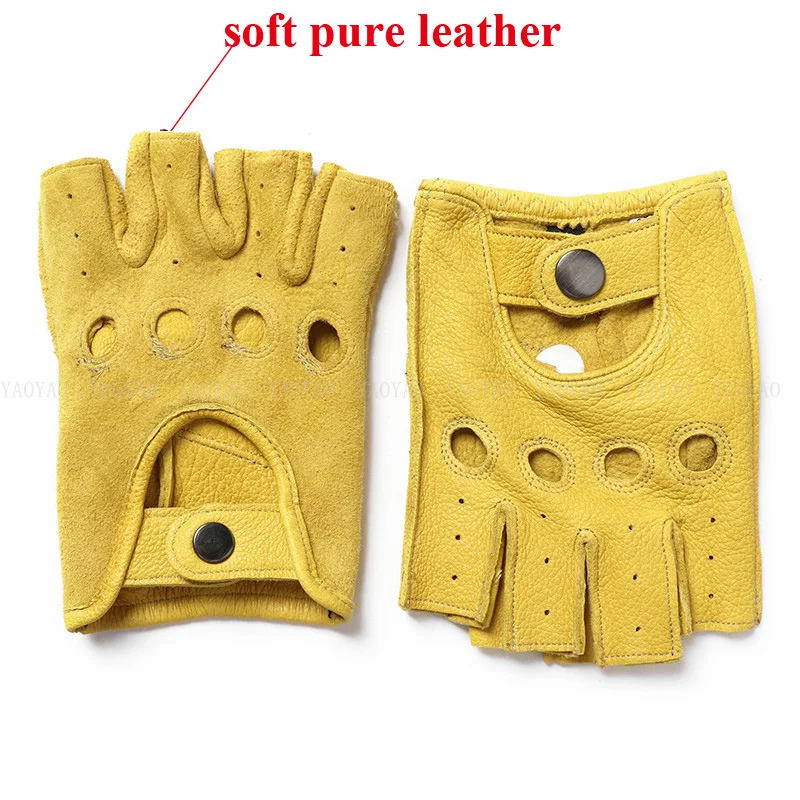 Male100-guantes cortos de medio dedo para hombre, piel de oveja auténtica, color amarillo/marrón/negro, para conducción