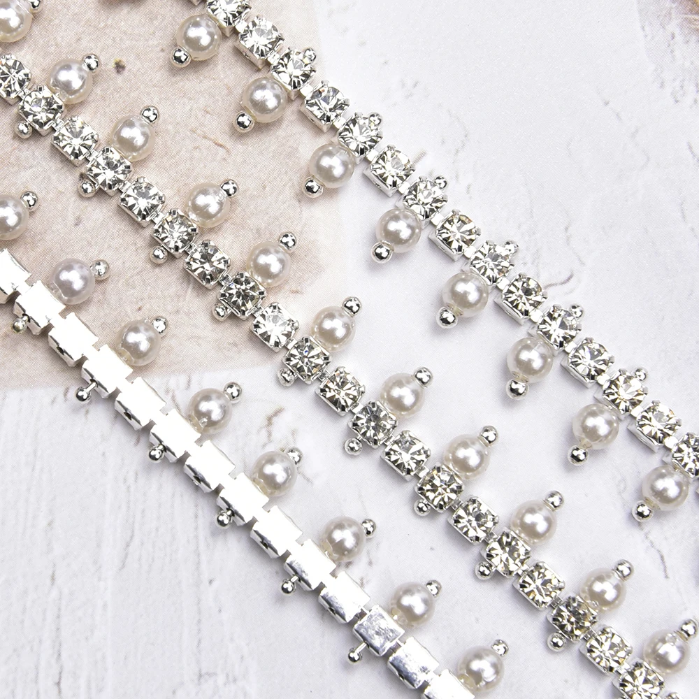 High Quality Rhinestone Pearl Tassel Metal Chain Ribbon Applique Crystal Diamond Trimming for Wedding Clothes Shoes Decoration