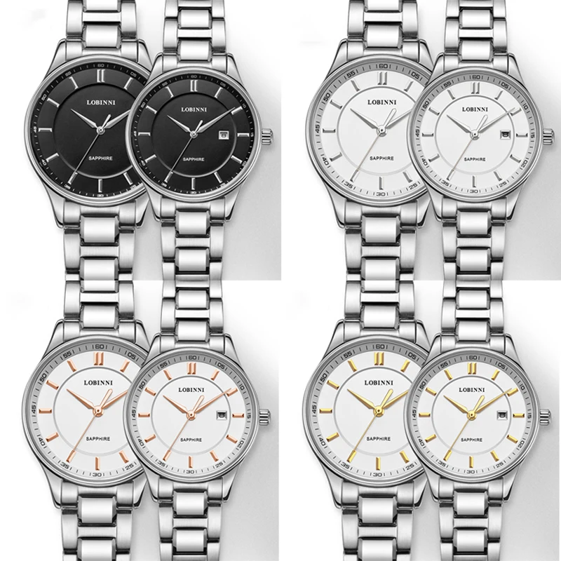LOBINNI Orologio impermeabile in vetro zaffiro in acciaio inossidabile Orologio da coppia di orologi di marca di lusso Coppia di orologi al quarzo giapponesi per uomo e donna