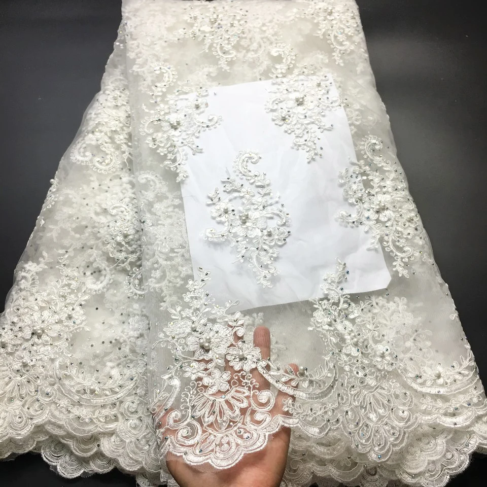 

Off White African Lace Fabric Embroidered Nigerian Guipure For Wedding High Quality 2021 French Tulle Lace Fabric With Stones