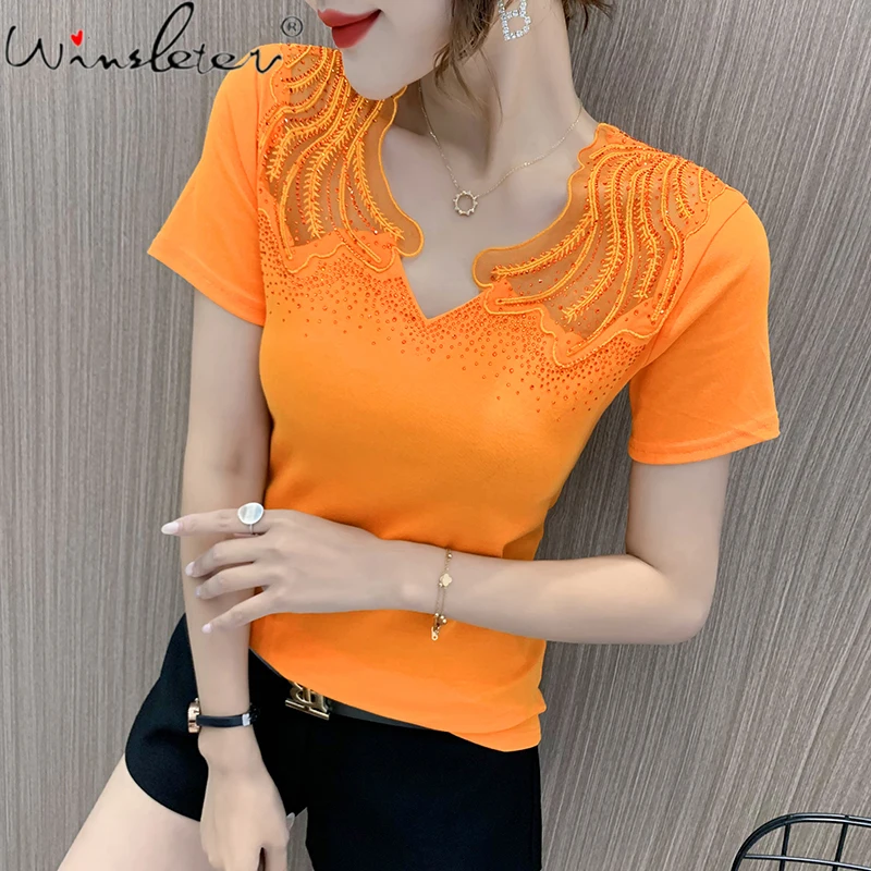 Summer European Style Cotton T-Shirt Chic Sexy V-Neck Shiny Diamonds Spliced Mesh Women Tops Short Sleeve All Match Tees T15206A