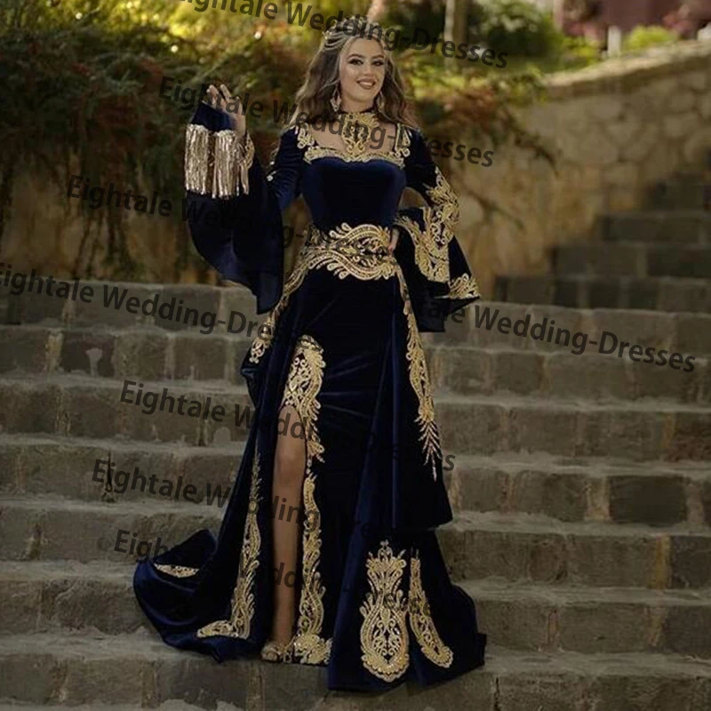 Eightale Morocco Kaftan Evening Dress with Detachable Skirt Two Pieces Long Sleeve Mermaid Velvet Prom Gown Arabic Party Dress