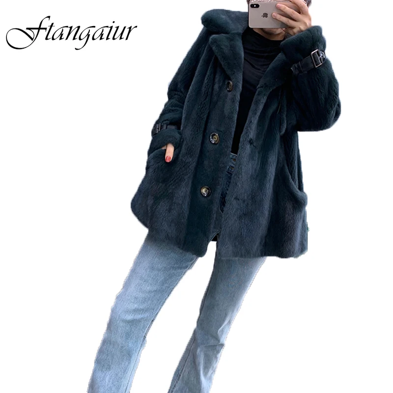 Ftangaiur New Winter Import Velvet Mink Fur Coat Turn-Down Collar Belt Mink Coat Women Medium Natural Real Mink Fur Coats