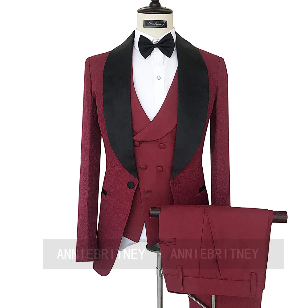 

Newest Burgundy Men Suit Floral Print Shawl Lapel Business Casual Tuxedo 3 Pieces(Blazer+Pants+Vest)Custom Made Wedding Suit