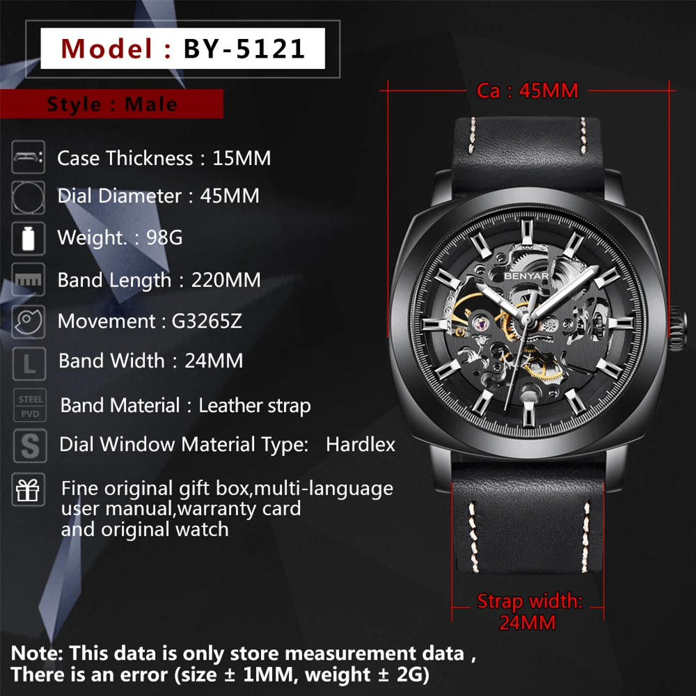 BENYAR New Men Mechanical Watches Luxury Skeleton Tourbillon Men Automatic Watch 30M Waterproof Sports Clock Relogio Masculino