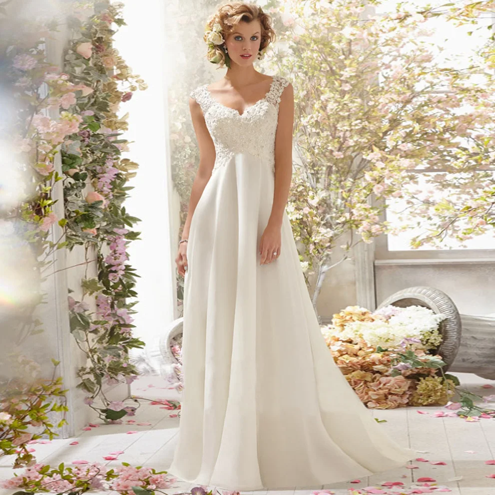 

Sexy Crystal V Neck Lace Appliques A Line Wedding Dresses Chiffon Sweep Train Buttons Backless Bridal Gowns