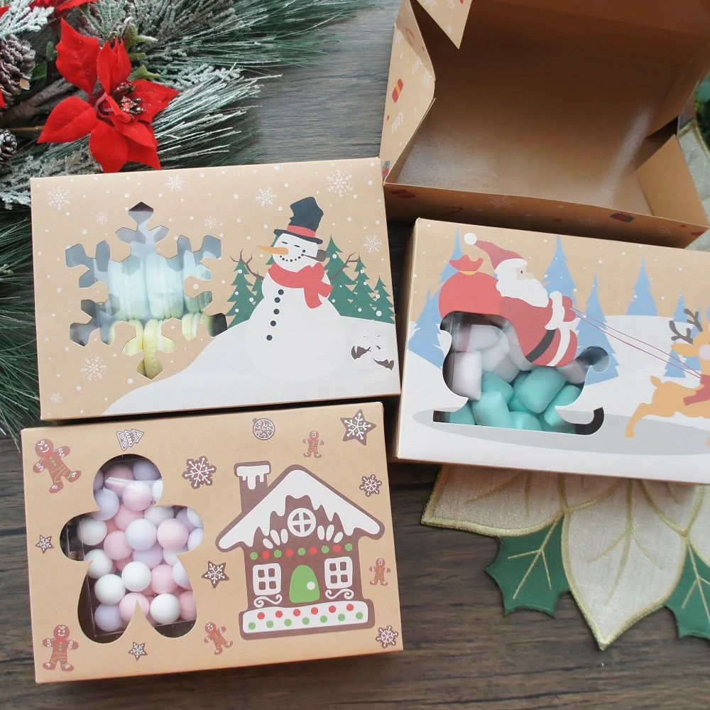 22*15*7cm 12pcs Kraft Paper Snow Window Christmas Santa Snowman House Paper Box Candle Jam Bake DIY Party Favors Gifts Packaging