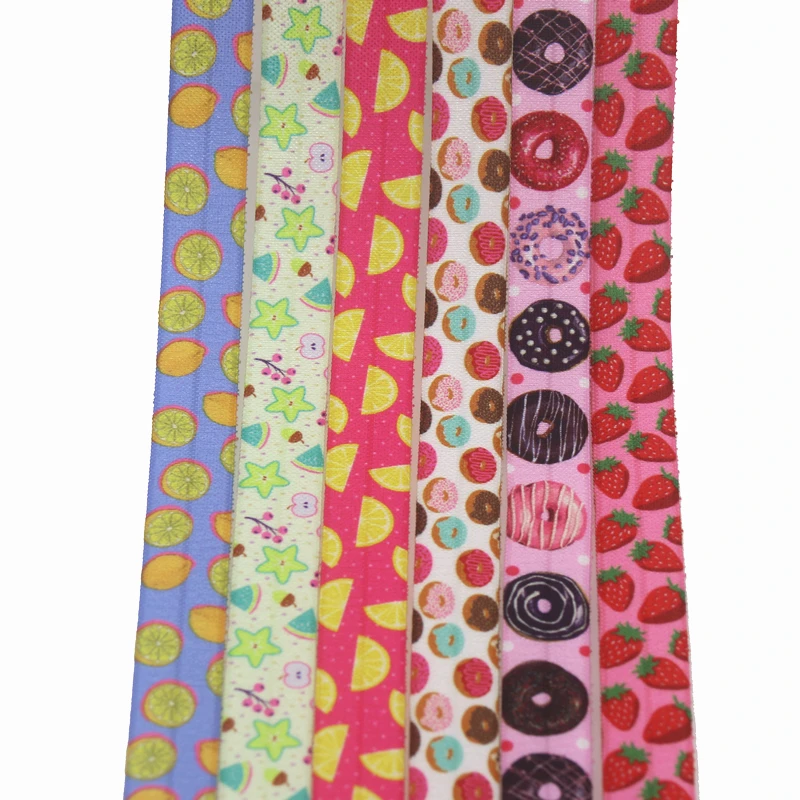 DHK 5/8'' 5yards cupcake fruits donuts  printed Fold Elastic FOE stretch ribbon hairbow headwear headband DIY OEM C1850