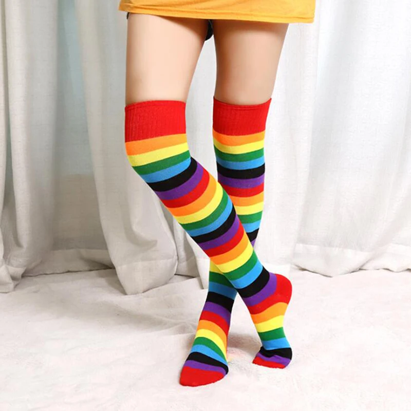 Halloween Student Anime Cosplay Strip Colorful Long Stocking Girl Clown Thigh High Over Kneel Sexy Women Warm Rainbow Stockings