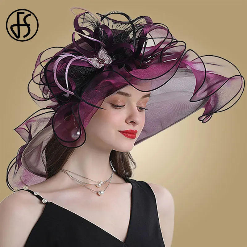 FS Wedding Bride Wide Brim Fascinators Fedora Hats For Women Ladies Organza Sun Hats Flower Party Kentucky Church Fedoras Hat