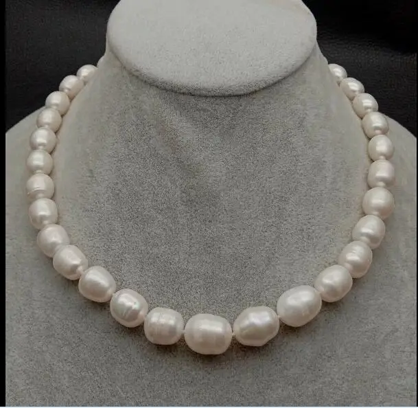 

12mm white oval rice pearl choker necklace heart clasp freshwater pearl Jewelry 43cm 17inch 35cm