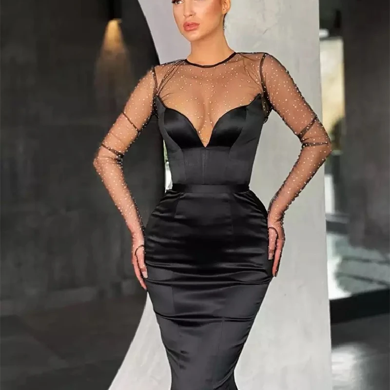 Vestidos negros brillantes de manga larga para baile de graduación, traje para fiesta de noche de satén, transparente, cuello redondo, lentejuelas, largo hasta el suelo, Sexy, 2021