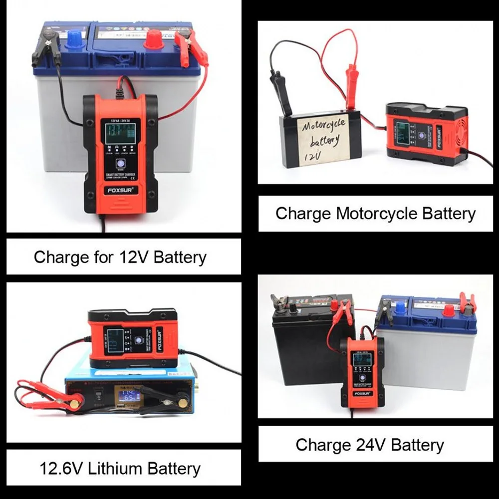 FOXSUR 12V 24V 6A car battery charger pulse repair 7-stage charger for GEL WET AGM 12.6V Lithium LiFePO4 LiPo Battery