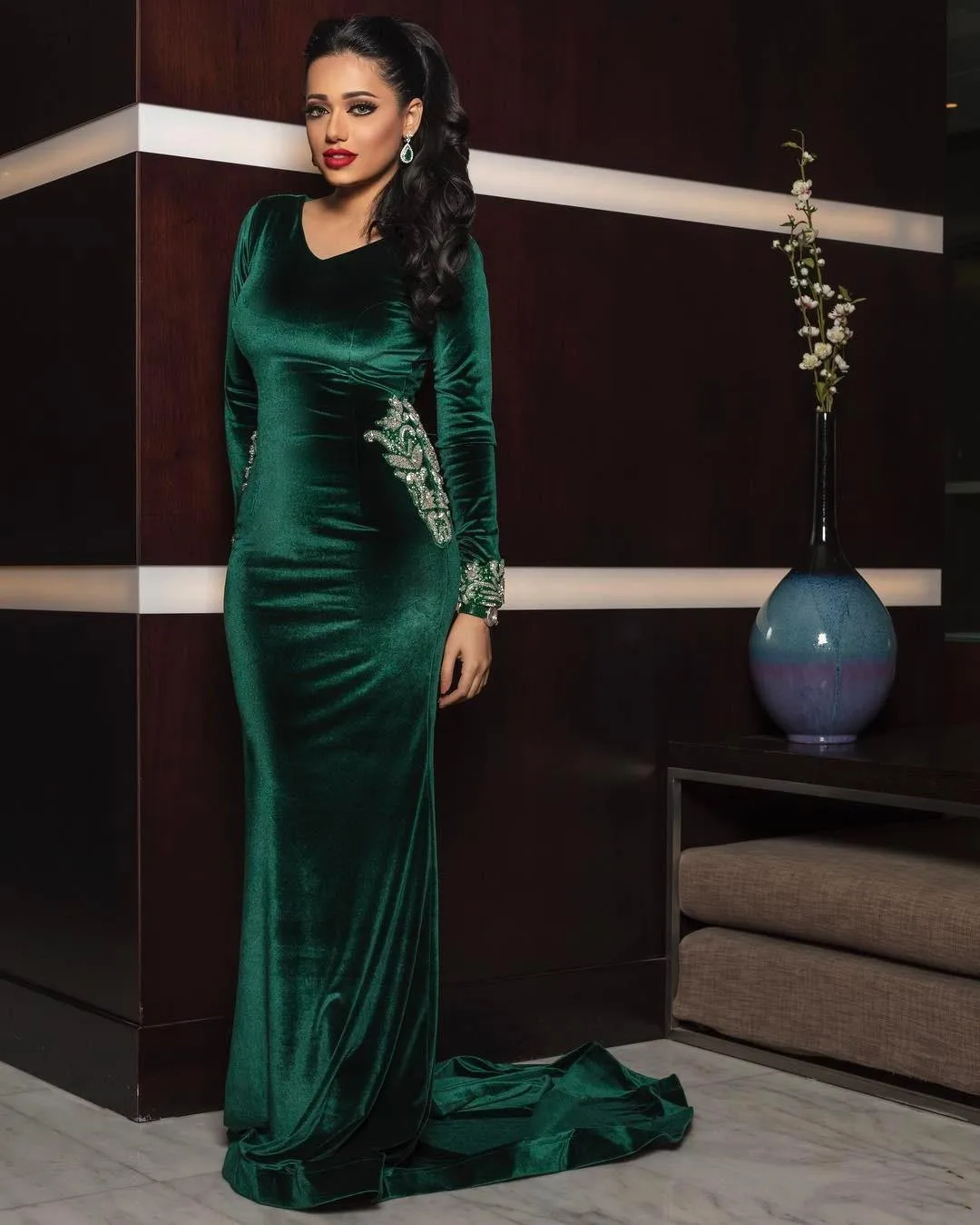 Crystal Kralen Mermaid Prom Dresses Arabisch Aso Ebi Groen Sehigh Side Split Avondjurk Lange Mouwen Formele Partij Платье